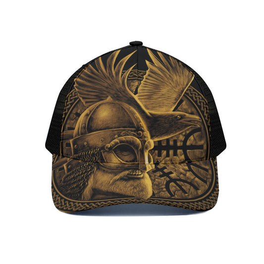 Gold Viking God Odin And Crow Print Black Mesh Trucker Cap