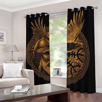 Gold Viking God Odin And Crow Print Blackout Grommet Curtains