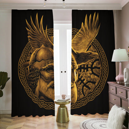 Gold Viking God Odin And Crow Print Blackout Pencil Pleat Curtains