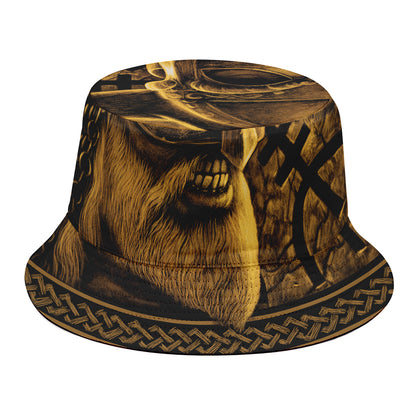 Gold Viking God Odin And Crow Print Bucket Hat
