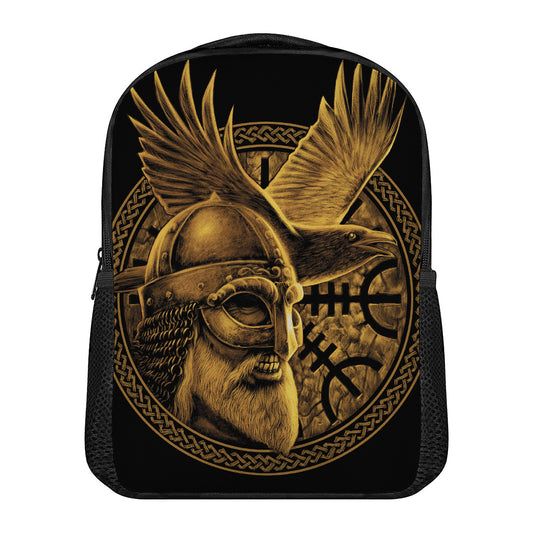 Gold Viking God Odin And Crow Print Casual Backpack