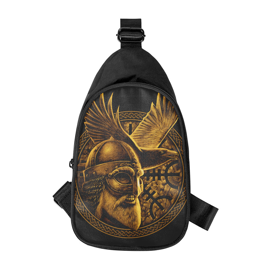 Gold Viking God Odin And Crow Print Chest Bag