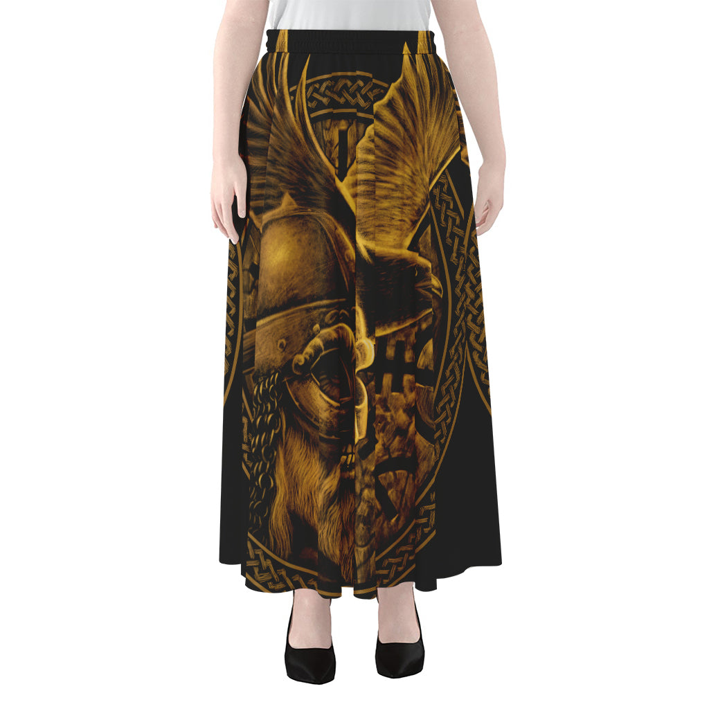 Gold Viking God Odin And Crow Print Chiffon Maxi Skirt