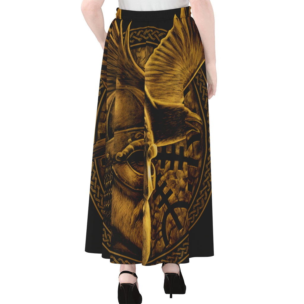 Gold Viking God Odin And Crow Print Chiffon Maxi Skirt