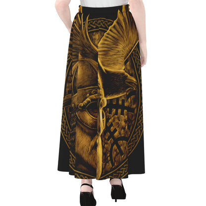 Gold Viking God Odin And Crow Print Chiffon Maxi Skirt