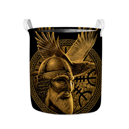 Gold Viking God Odin And Crow Print Collapsible Laundry Basket