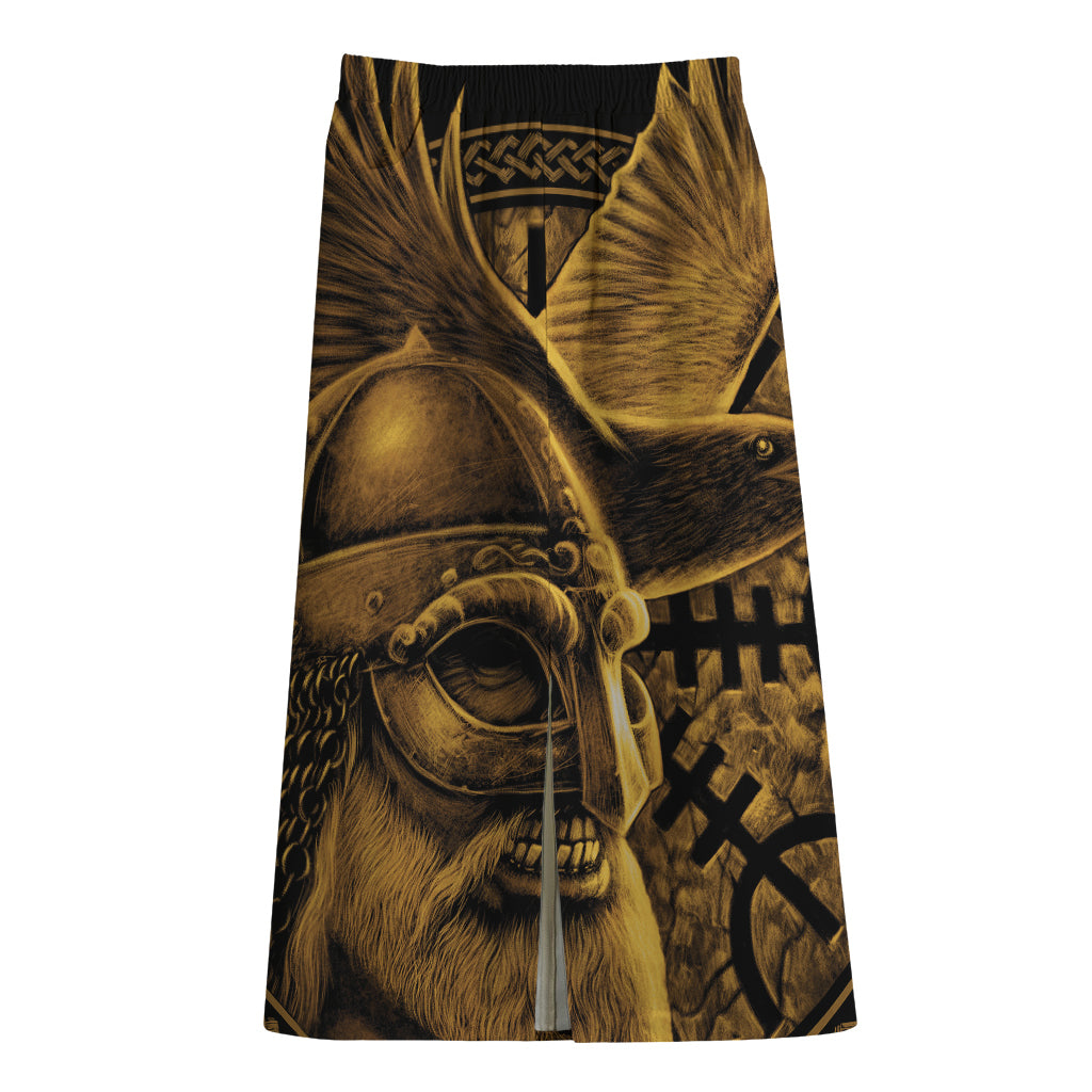 Gold Viking God Odin And Crow Print Cotton Front Slit Maxi Skirt