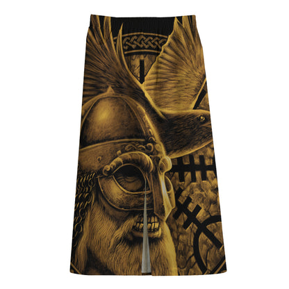 Gold Viking God Odin And Crow Print Cotton Front Slit Maxi Skirt