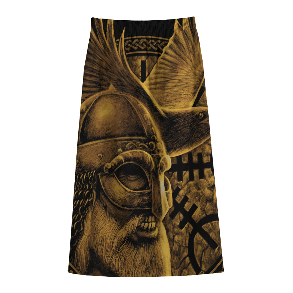 Gold Viking God Odin And Crow Print Cotton Front Slit Maxi Skirt