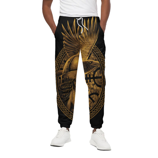 Gold Viking God Odin And Crow Print Cotton Pants