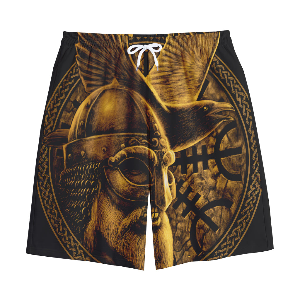 Gold Viking God Odin And Crow Print Cotton Shorts