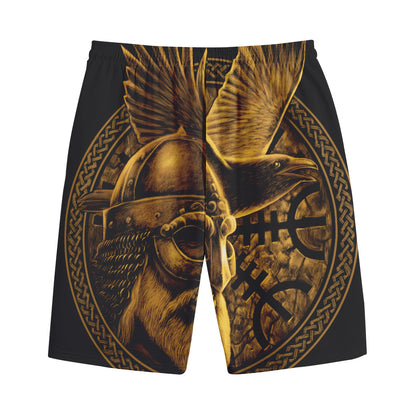 Gold Viking God Odin And Crow Print Cotton Shorts