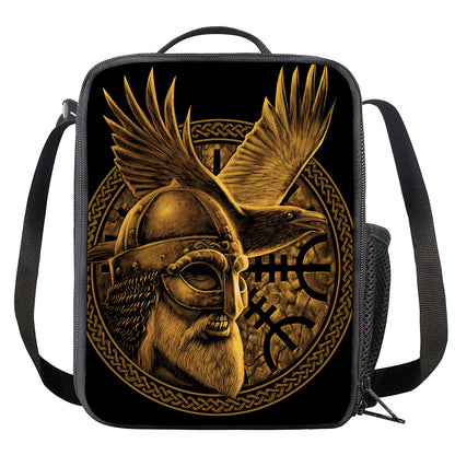 Gold Viking God Odin And Crow Print Crossbody Lunch Bag
