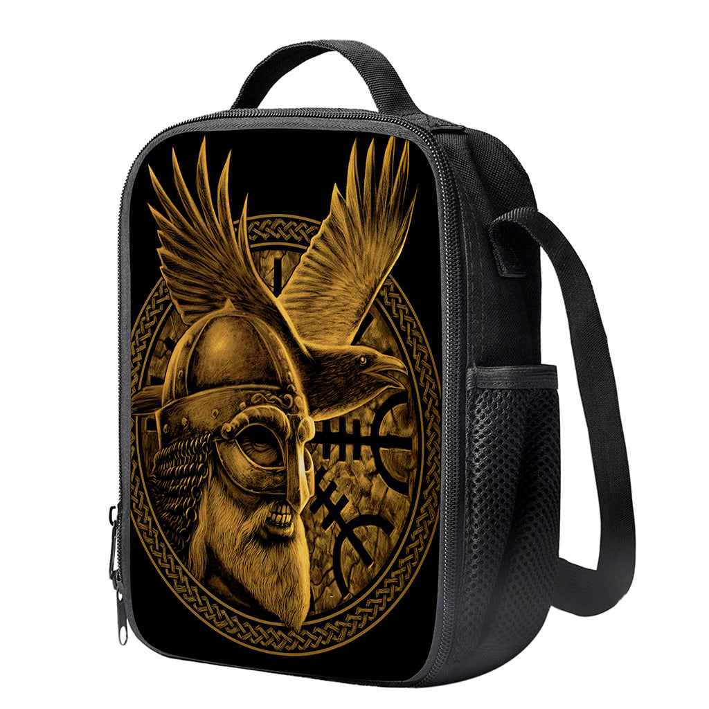 Gold Viking God Odin And Crow Print Crossbody Lunch Bag