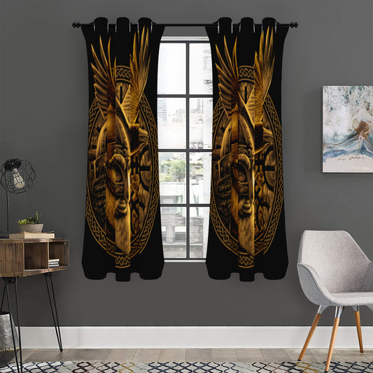 Gold Viking God Odin And Crow Print Curtain