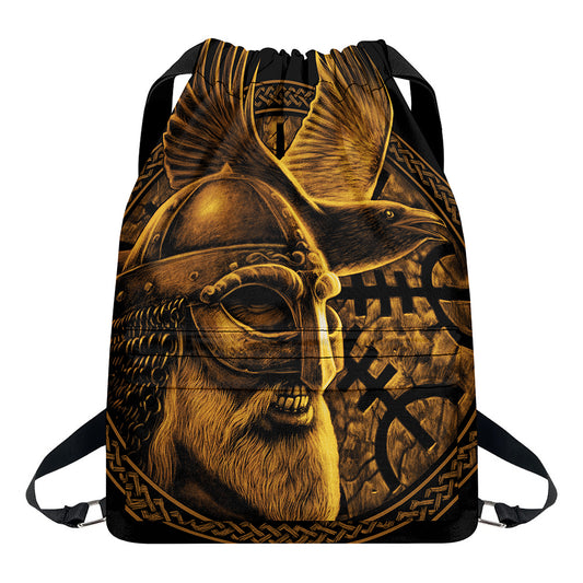 Gold Viking God Odin And Crow Print Drawstring Backpack