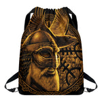 Gold Viking God Odin And Crow Print Drawstring Backpack