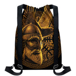 Gold Viking God Odin And Crow Print Drawstring Backpack