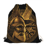 Gold Viking God Odin And Crow Print Drawstring Bag