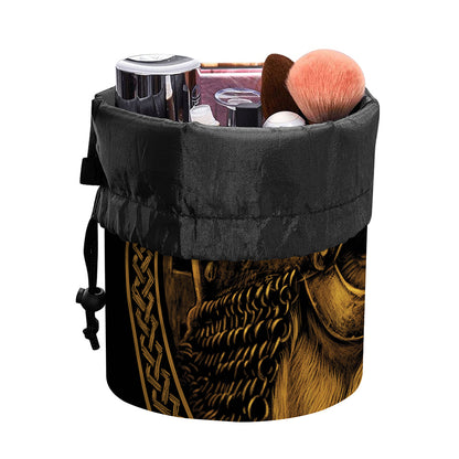 Gold Viking God Odin And Crow Print Drawstring Makeup Bag