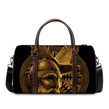 Gold Viking God Odin And Crow Print Duffle Bag