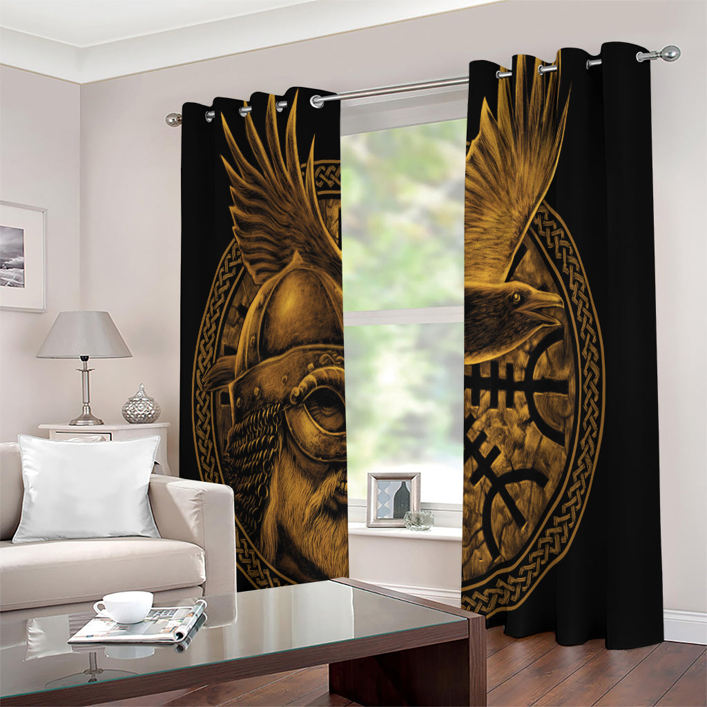 Gold Viking God Odin And Crow Print Extra Wide Grommet Curtains