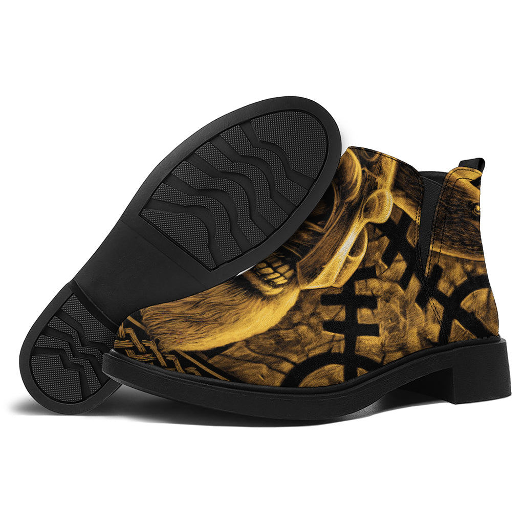 Gold Viking God Odin And Crow Print Flat Ankle Boots