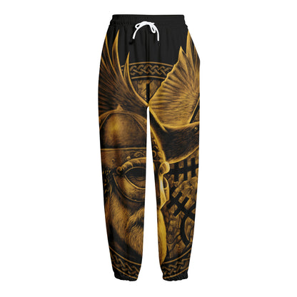 Gold Viking God Odin And Crow Print Fleece Lined Knit Pants