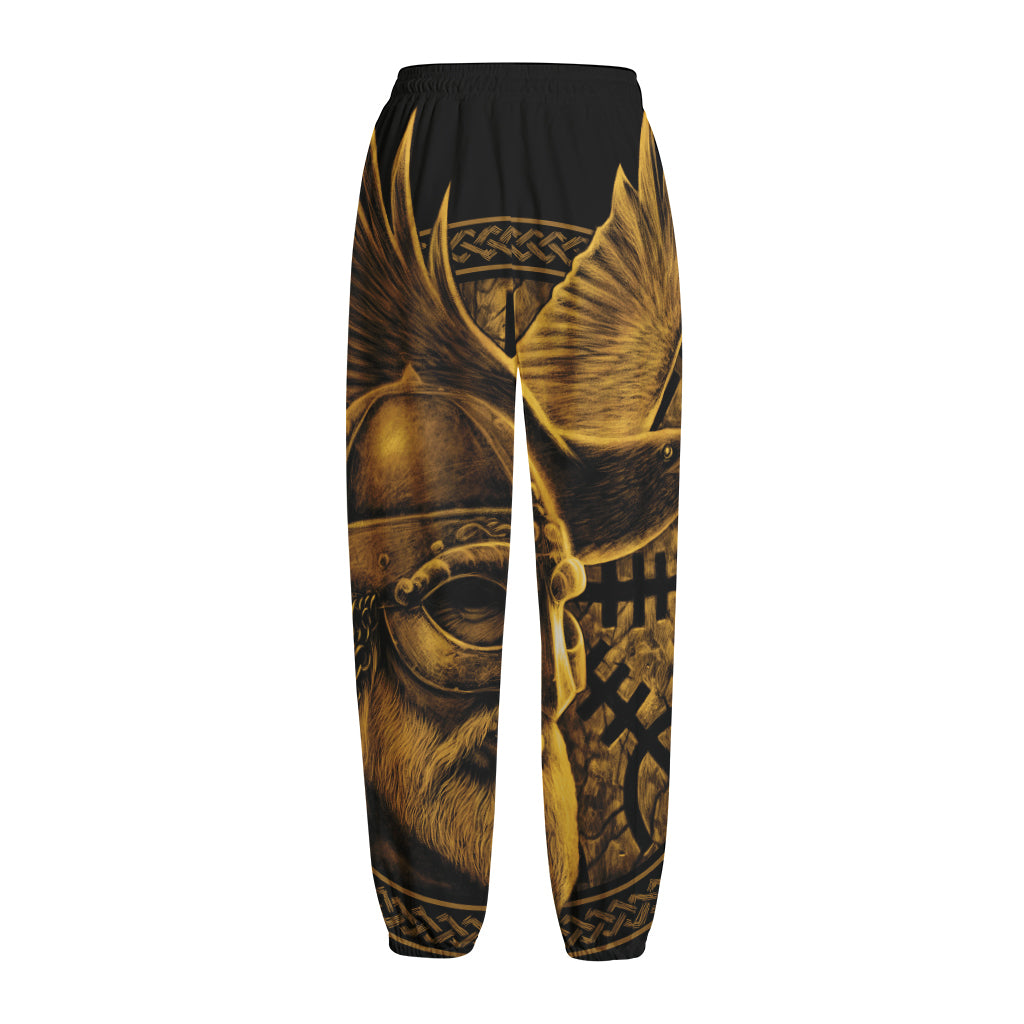 Gold Viking God Odin And Crow Print Fleece Lined Knit Pants
