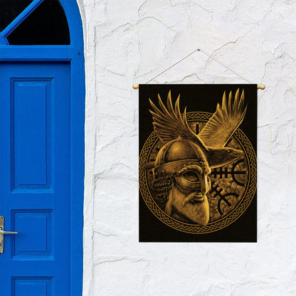 Gold Viking God Odin And Crow Print Garden Flag