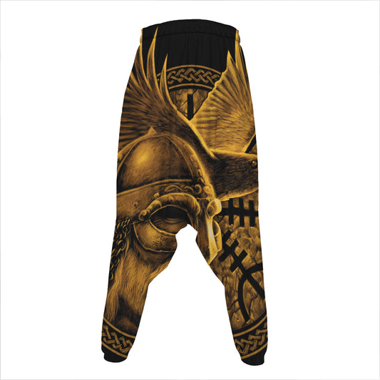 Gold Viking God Odin And Crow Print Hammer Pants