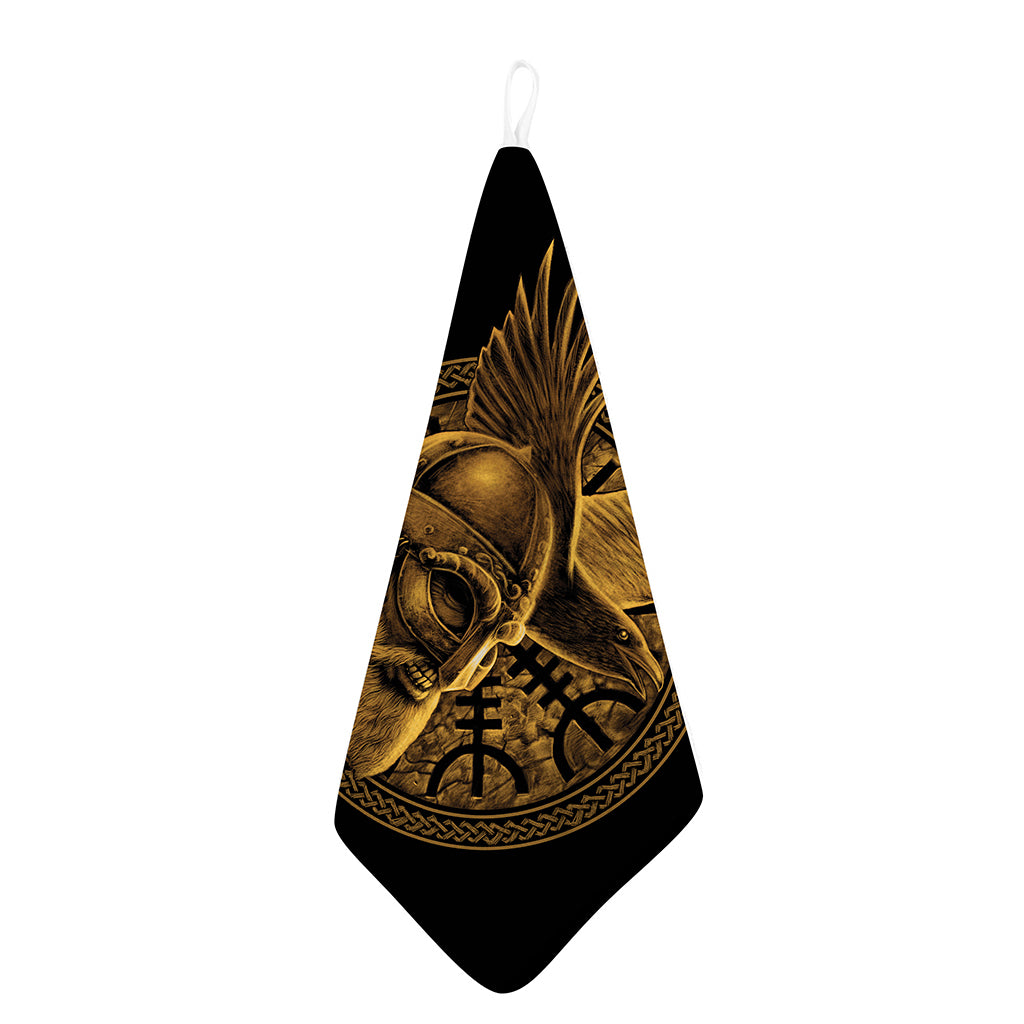 Gold Viking God Odin And Crow Print Hand Towel