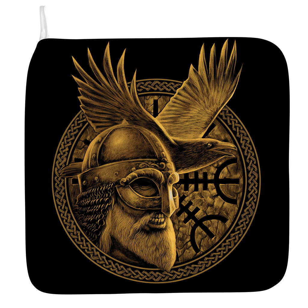Gold Viking God Odin And Crow Print Hand Towel