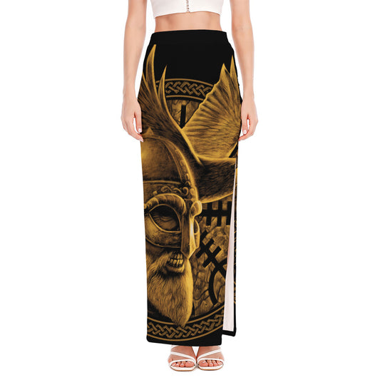 Gold Viking God Odin And Crow Print High Slit Maxi Skirt
