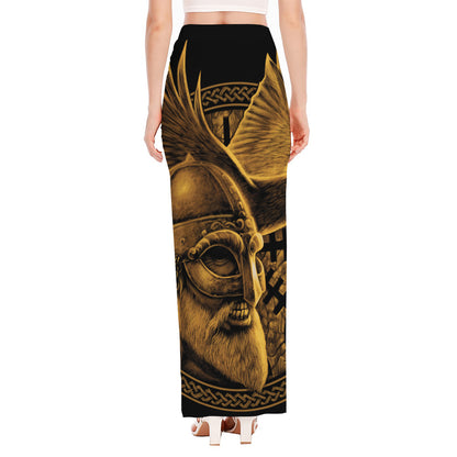 Gold Viking God Odin And Crow Print High Slit Maxi Skirt
