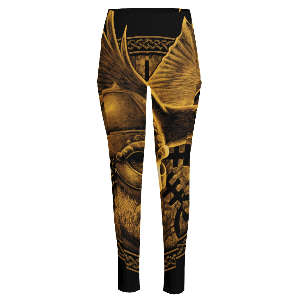 Gold Viking God Odin And Crow Print High-Waisted Pocket Leggings