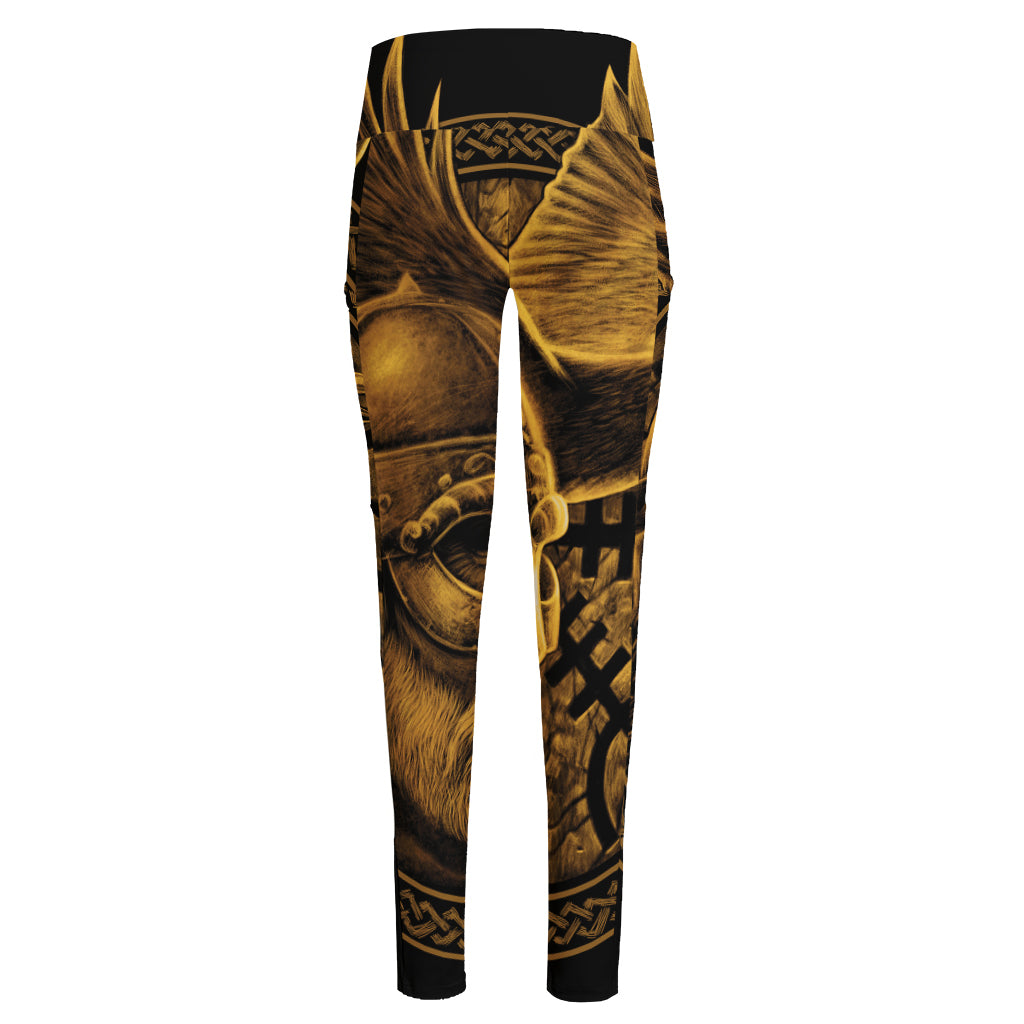 Gold Viking God Odin And Crow Print High-Waisted Pocket Leggings