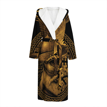 Gold Viking God Odin And Crow Print Hooded Bathrobe