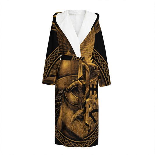 Gold Viking God Odin And Crow Print Hooded Bathrobe