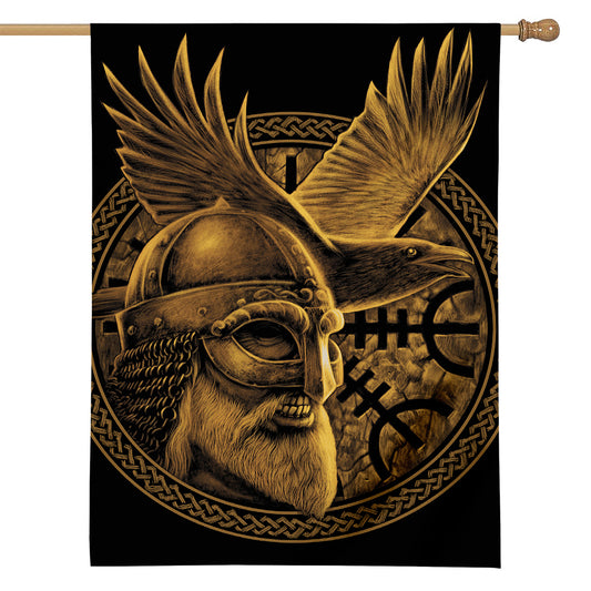 Gold Viking God Odin And Crow Print House Flag