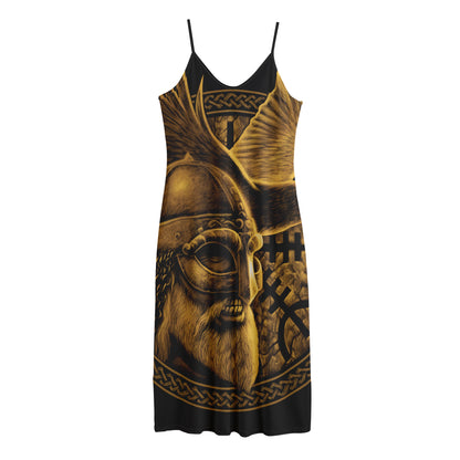 Gold Viking God Odin And Crow Print Jersey Midi Cami Dress