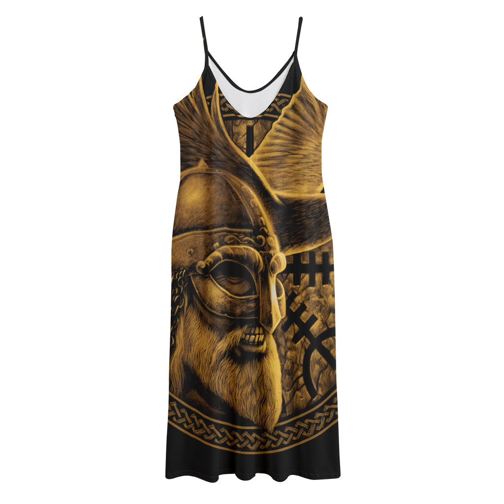 Gold Viking God Odin And Crow Print Jersey Midi Cami Dress