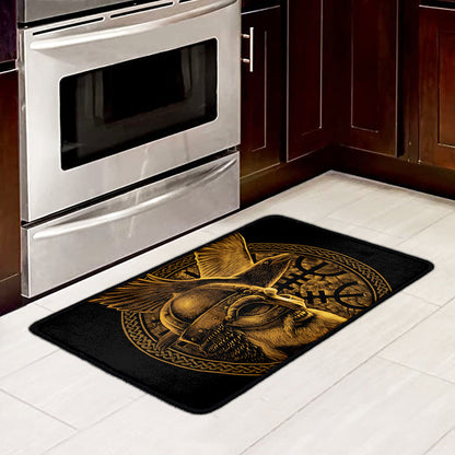 Gold Viking God Odin And Crow Print Kitchen Mat