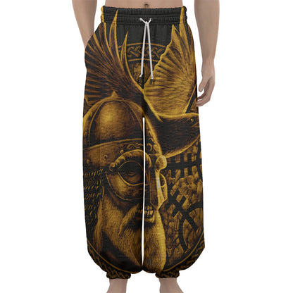 Gold Viking God Odin And Crow Print Lantern Pants