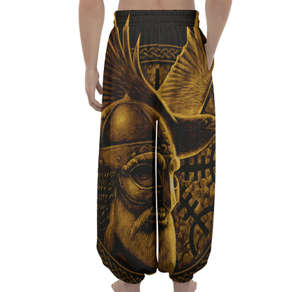 Gold Viking God Odin And Crow Print Lantern Pants