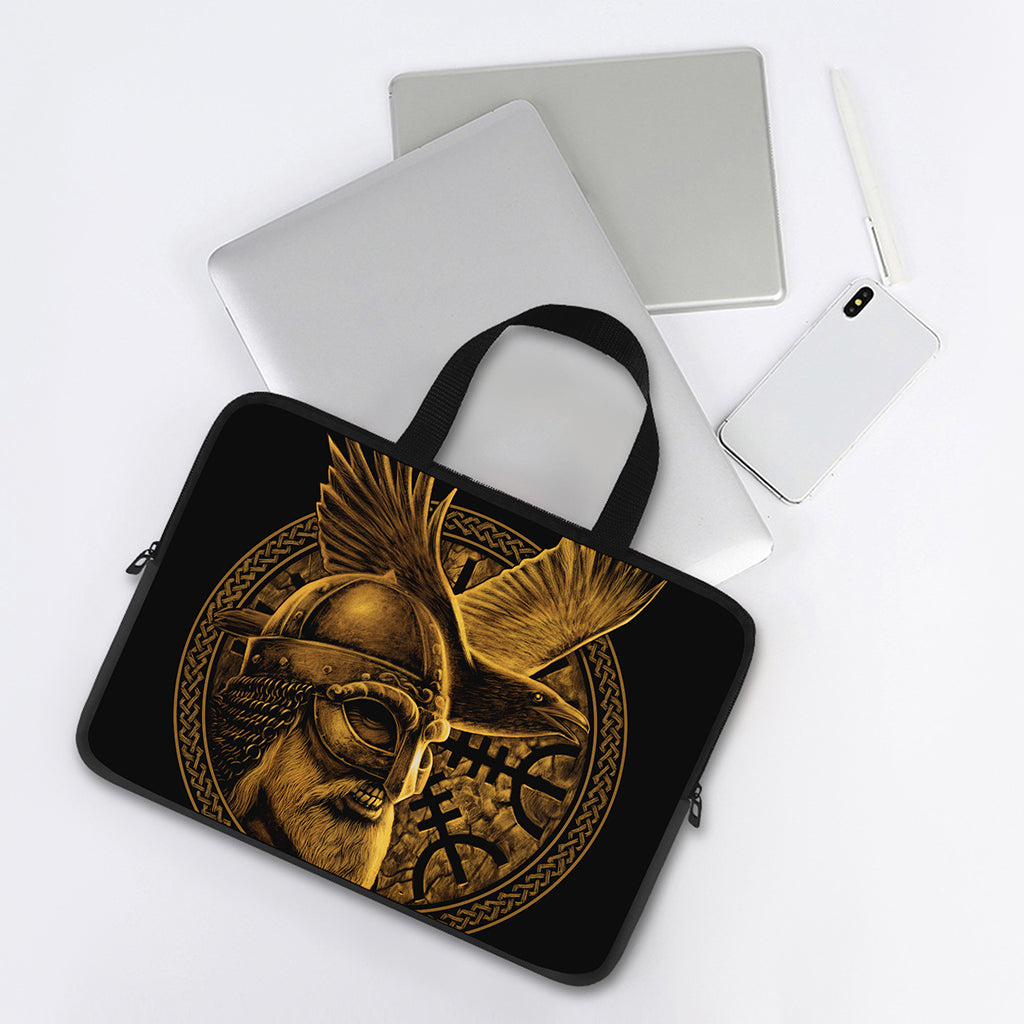 Gold Viking God Odin And Crow Print Laptop Sleeve With Handle