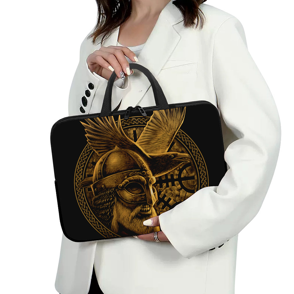 Gold Viking God Odin And Crow Print Laptop Sleeve With Handle