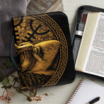Gold Viking God Odin And Crow Print Leather Bible Cover