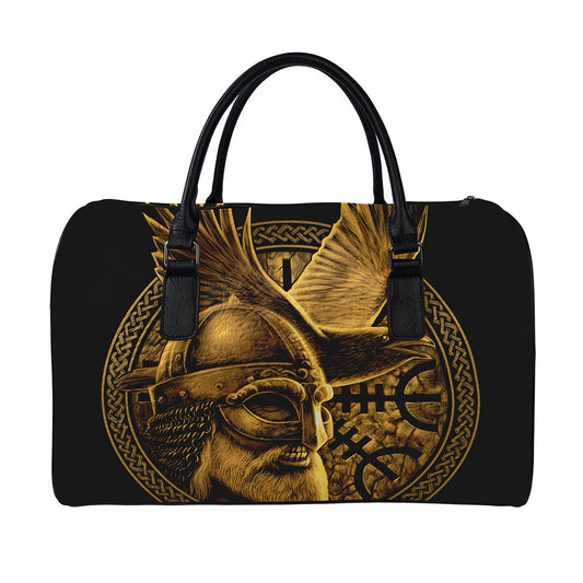Gold Viking God Odin And Crow Print Leather Duffle Bag