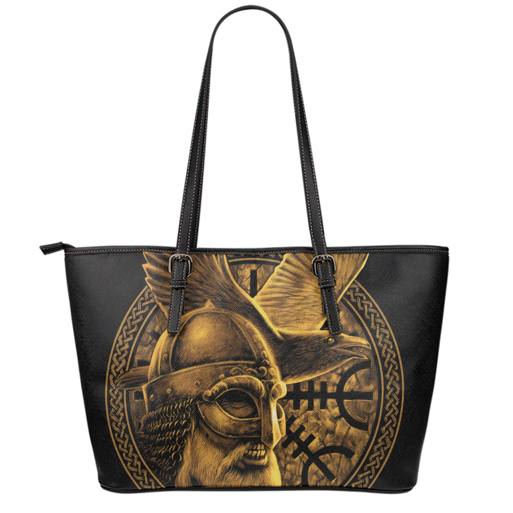 Gold Viking God Odin And Crow Print Leather Tote Bag